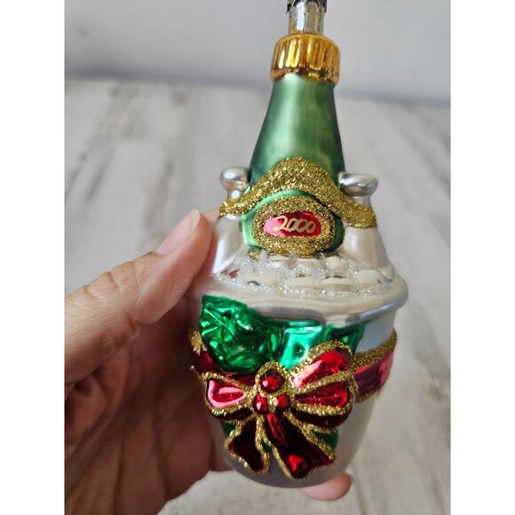 Glass champagne bottle bucket ornament glitter gold Xmas New Year's tree - Picture 2 of 9